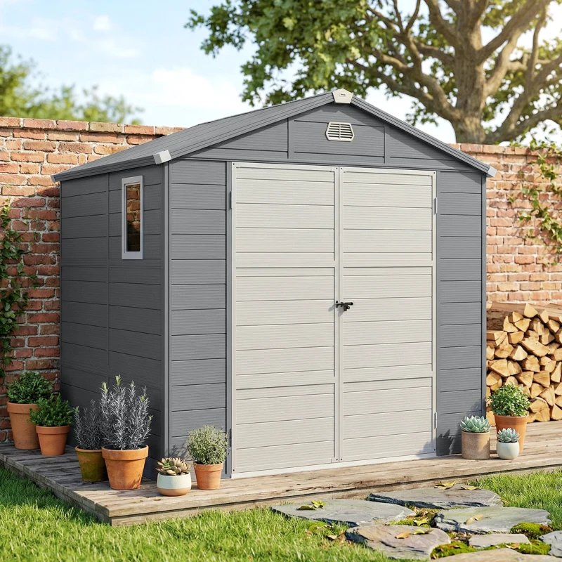Outsunny 8' x 6' Plastic Garden Storage Shed with Latch Door, Vents, Sloped Roof, Light Grey