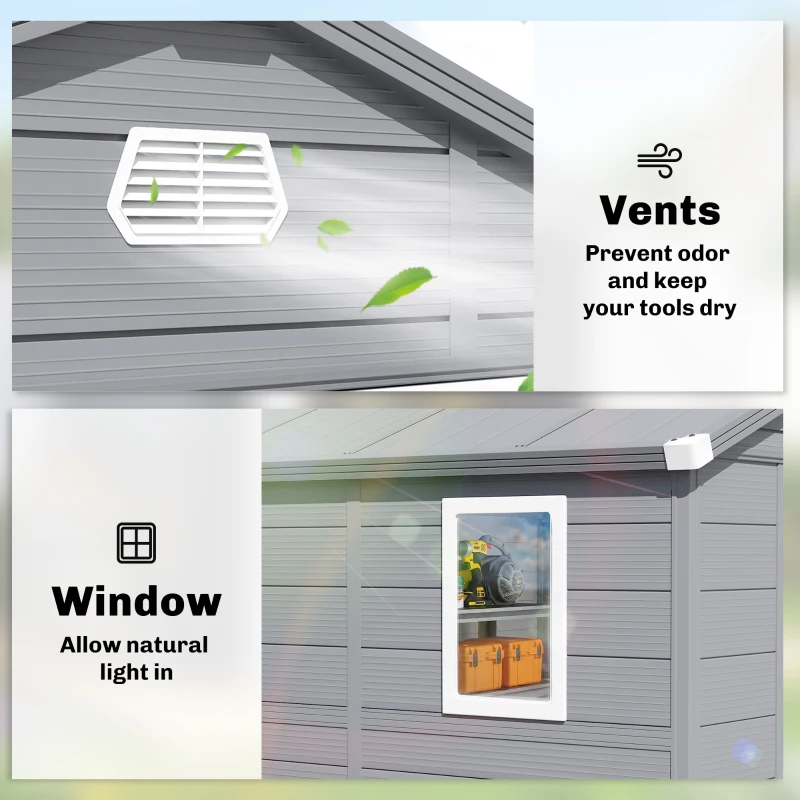 Outsunny 8' x 6' Plastic Garden Storage Shed with Latch Door, Vents, Sloped Roof, Dark Grey