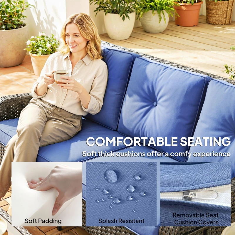 Outsunny Wicker Patio Sofa with Cushions, 3 Seater Rattan Outdoor Couch for Patio, Garden, Porch, Backyard, Deep Blue
