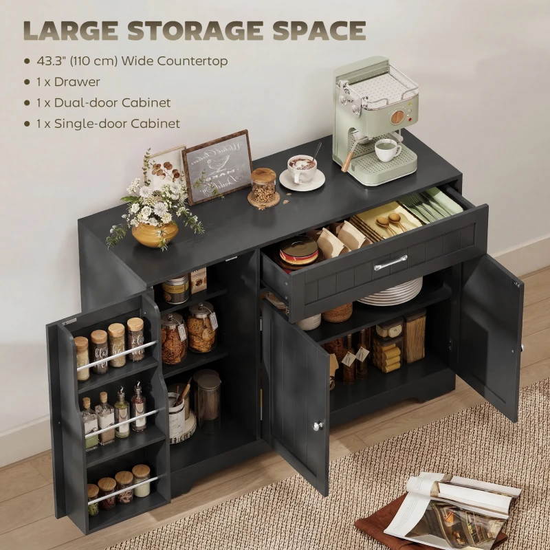 HOMCOM 44" Modern Kitchen Storage Cabinet with Drawer, Adjustable Shelves, Small Kitchen Pantry with Door Racks, Black