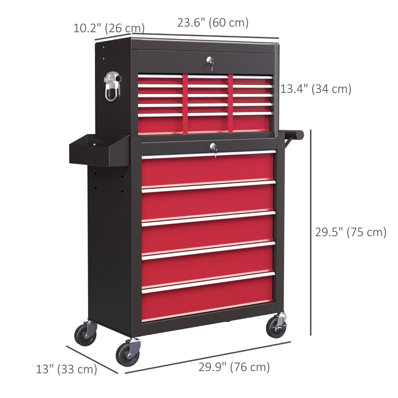 HOMCOM 14 Drawer Rolling Tool Chest, Lockable Tool Storage Cabinet with Detachable Top Toolbox, Protective Liner, Red
