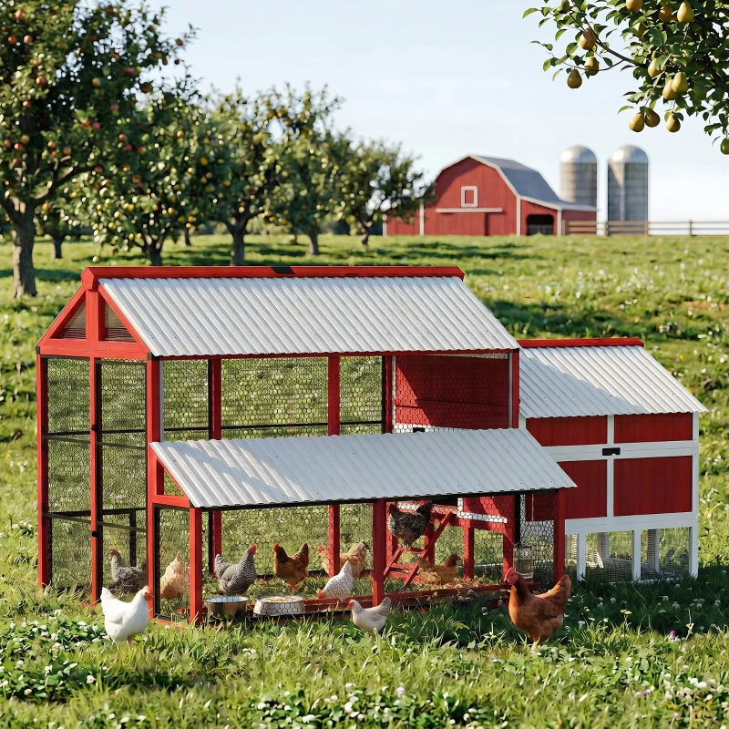 PawHut 187.3" Large Chicken Coop, Walk-in Wooden Hen House, Outdoor Poultry Cage with Run, Weatherproof Roof, Nesting Box