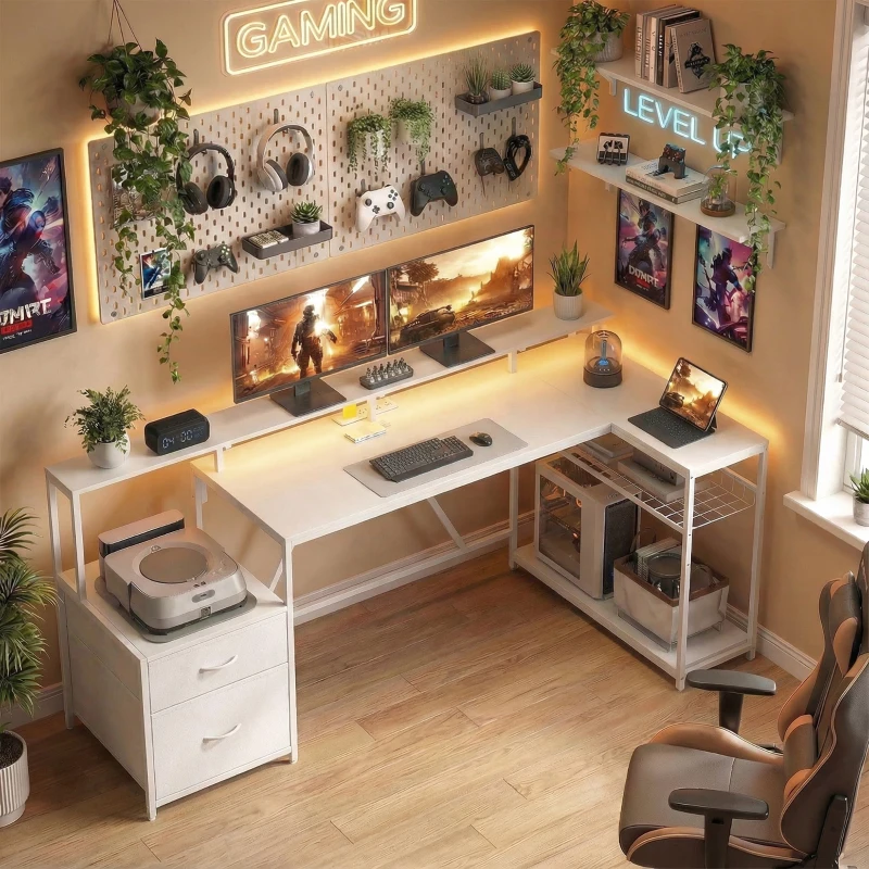 HOMCOM 76" Gaming Desk, Reversible Computer Table with RGB Lights, USB Ports, Monitor Stand and 2 Fabric Drawers, White