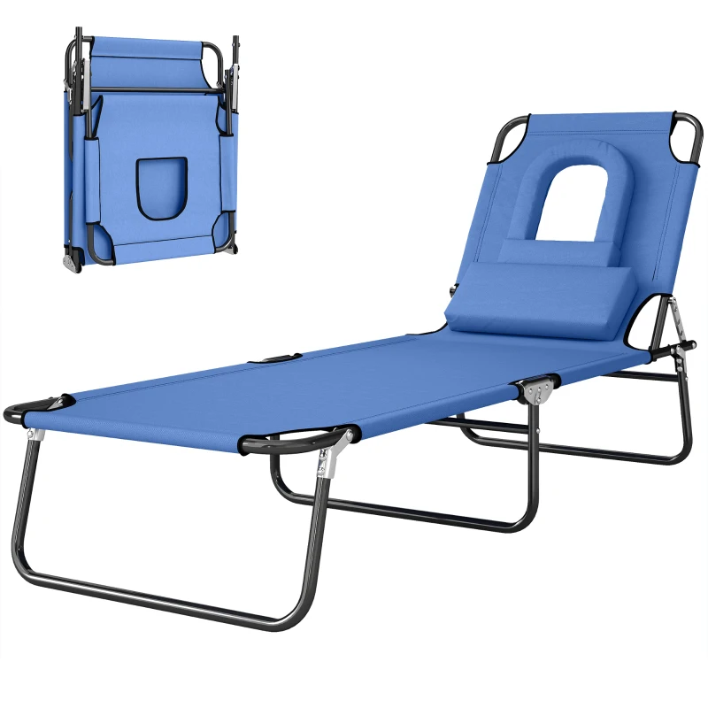 Outsunny Folding Chaise Lounge Chair, Reclining Beach Tanning Chair with Face Hole, Pillow, 4-Position Adjustable Lay Flat Sun Lounger, Steel Frame for Outdoor Patio Pool, Blue