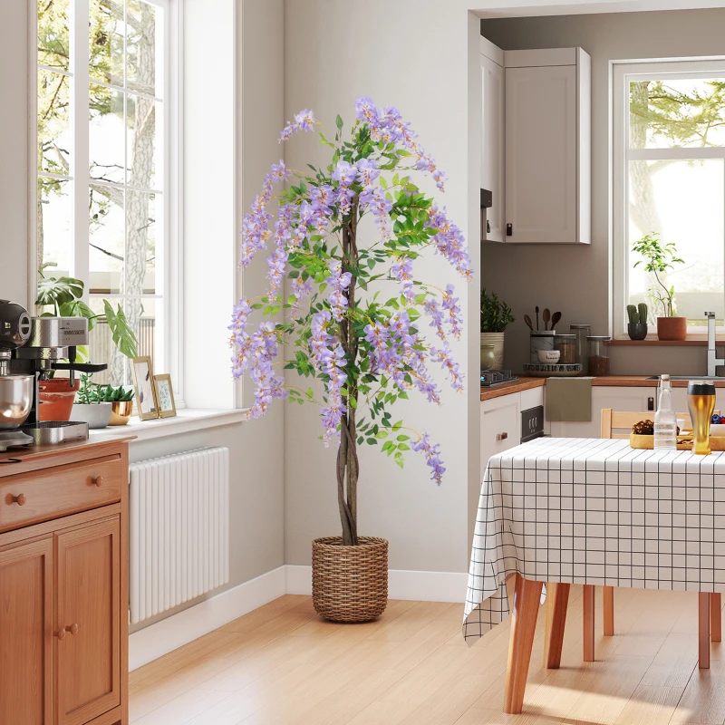 HOMCOM 5.9FT Fake Wisteria Tree with Natural Wood Trunk, Artificial Plant in Nursery Pot, Greenery Tall Faux Floor Plant Purple