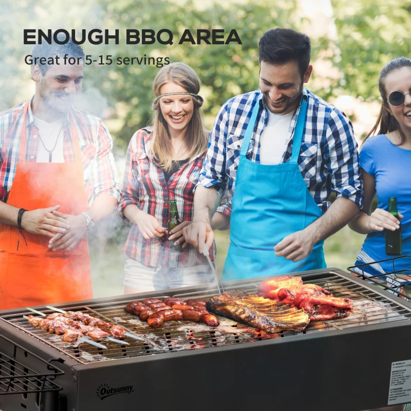 Outsunny Portable BBQ Grill, Charcoal Grill with Side Seasoning Baskets, Hooks and Nets for Outdoor, Picnic, Camping, Black