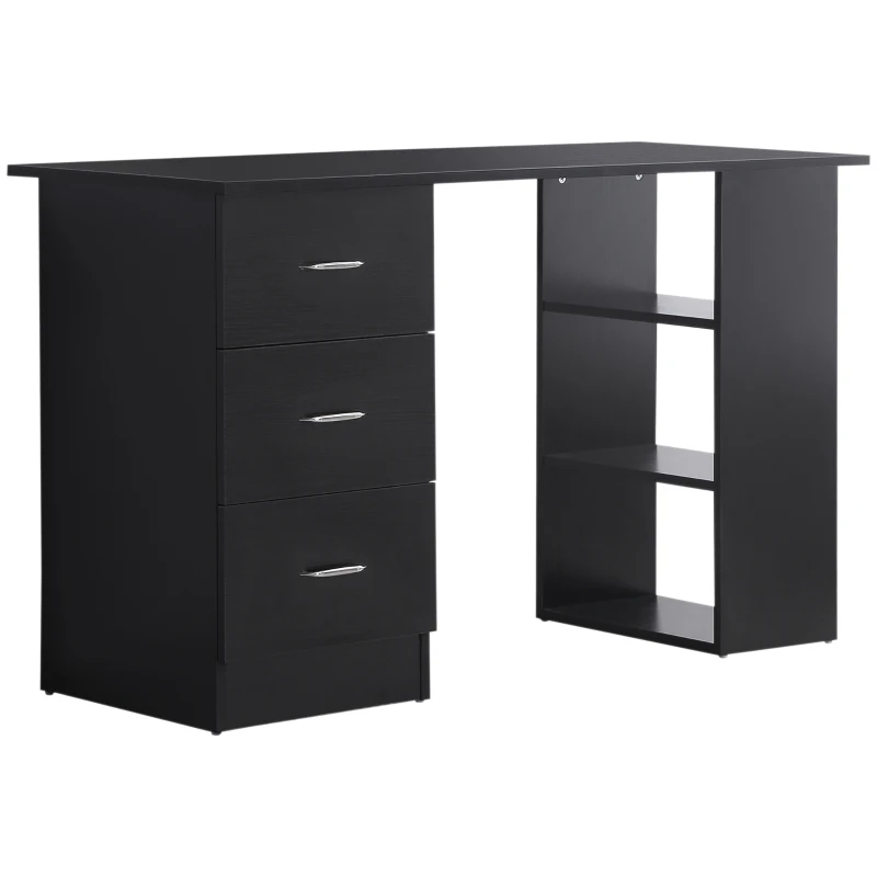 HOMCOM Computer Desk, 47" Writing Table with 3-Tier Shelves and 3 Reversible Drawers for Home Office, Bedroom, Black