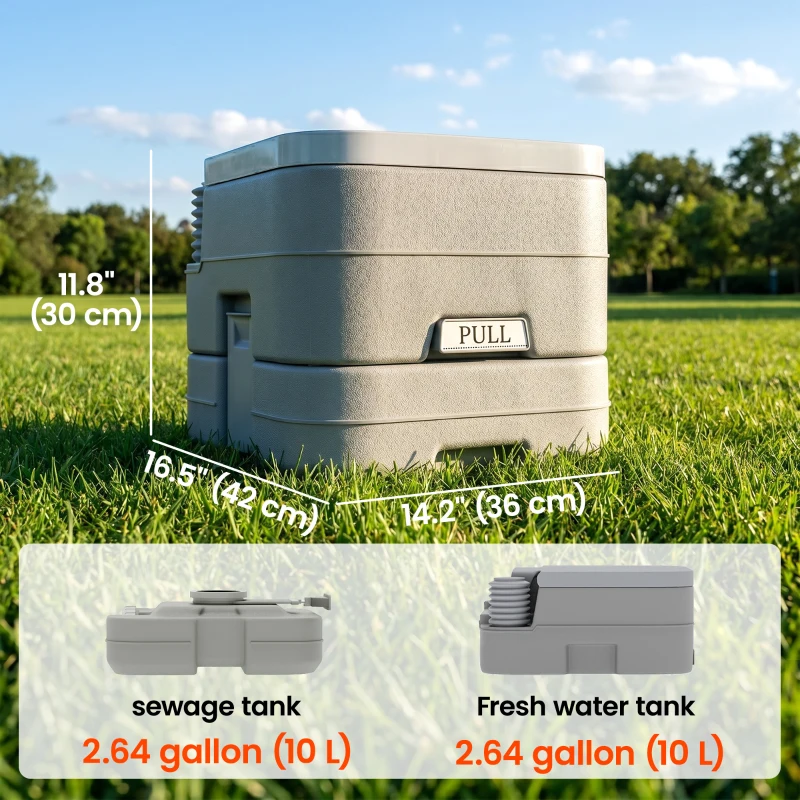 Outsunny Portable Camping Toilet, Porta Potty with 2.6 Gal Waste Tank & 2.6 Gal Flush Tank, Leak-Proof and Odourless