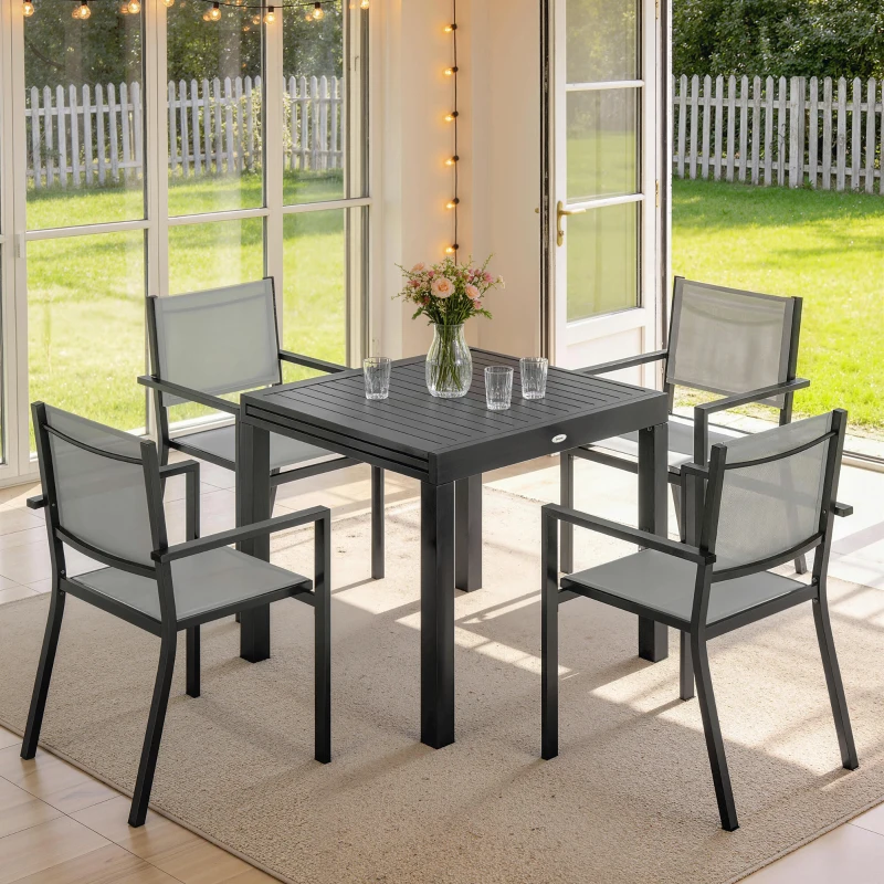 Outsunny 7 Pieces Outdoor Dining Set, Aluminum Patio Table and Chairs Set for 6 with Extendable Tabletop and Stackable Chairs