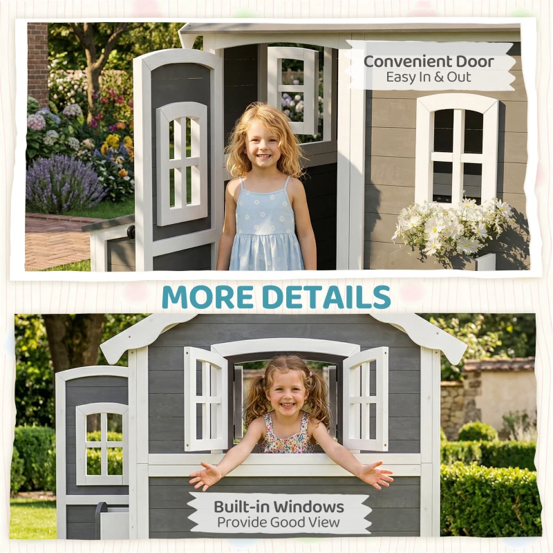Outsunny Outdoor Wooden Playhouse for Kids with Floor, Door, Windows, Planter Box for 3-8 Years Old, Backyard, Lawn, Garden