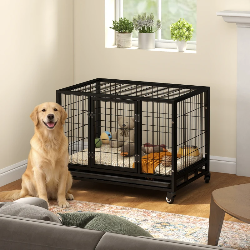 PawHut 36" Heavy Duty Dog Crate with Removable Tray, Lockable Wheels and Double Door, for Medium and Large Dogs, Black
