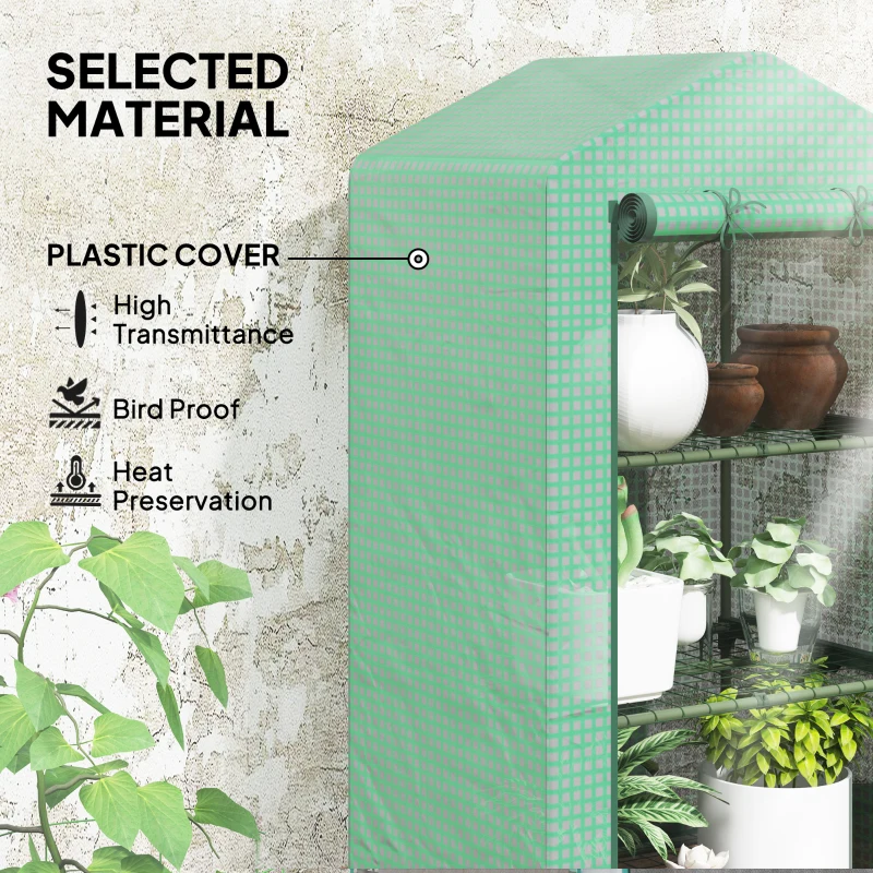 Outsunny 3 Tier Mini Greenhouse, Portable Flower Stand with Shelf Clips, Indoor Greenhouse with Steel Frame, Green