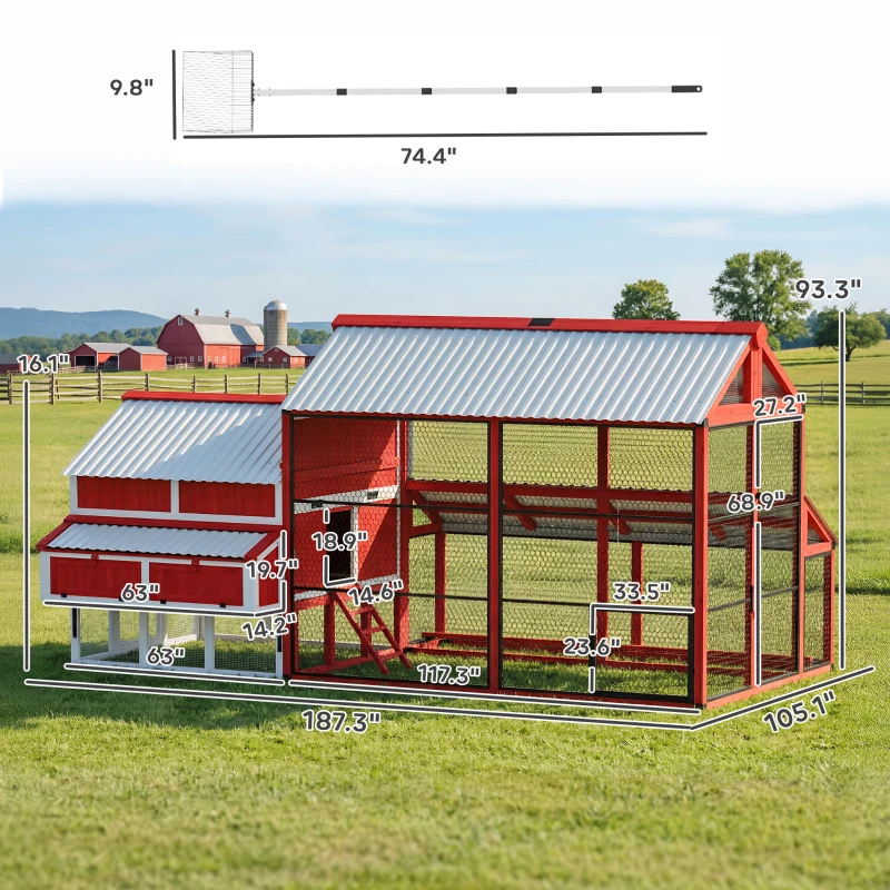 PawHut 187.3" Large Chicken Coop, Walk-in Wooden Hen House, Outdoor Poultry Cage with Run, Weatherproof Roof, Nesting Box