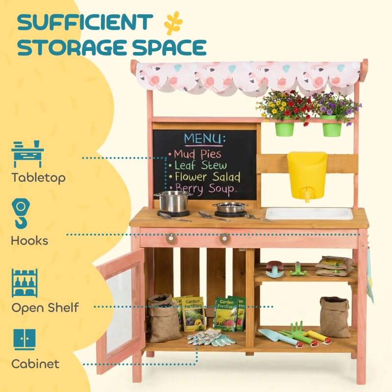 Qaba Kids Mud Kitchen with Canopy, Outdoor Wooden Play Kitchen with Planter Box, Accessories for Age 3-6, Pink