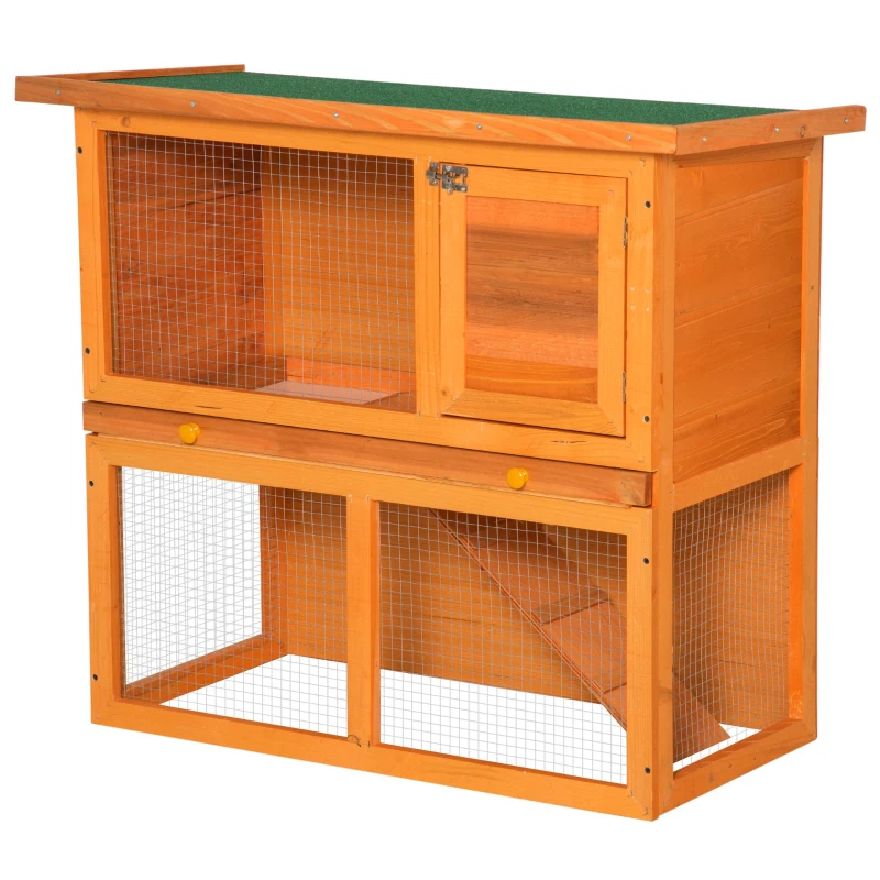 PawHut Wooden Rabbit Hutch, Indoor Outdoor Bunny Cage with Run, 2- Level Guinea Pig House with Slide-Out Tray, Waterproof Roof, Yellow