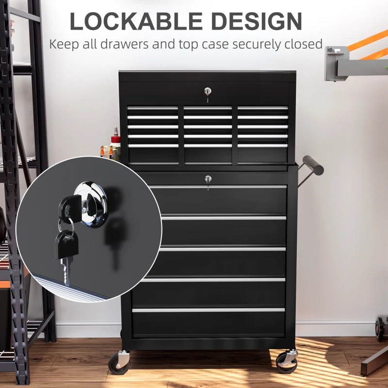 HOMCOM 14 Drawer Rolling Tool Chest, Lockable Tool Storage Cabinet with Detachable Top Toolbox, Protective Liner, Black