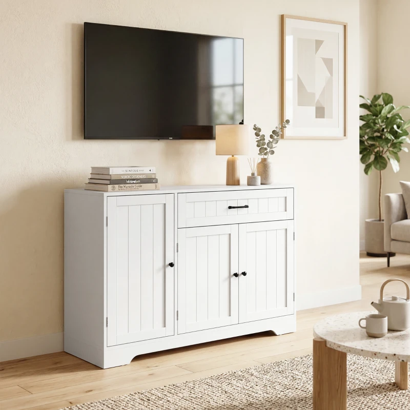 HOMCOM 44" Modern Kitchen Storage Cabinet with Drawer, Adjustable Shelves, Small Kitchen Pantry with Door Racks, White