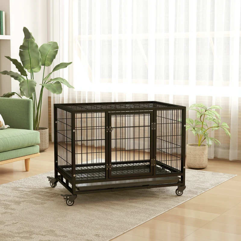 PawHut 36" Heavy Duty Dog Crate with Removable Tray, Lockable Wheels and Double Door, for Medium and Large Dogs, Black