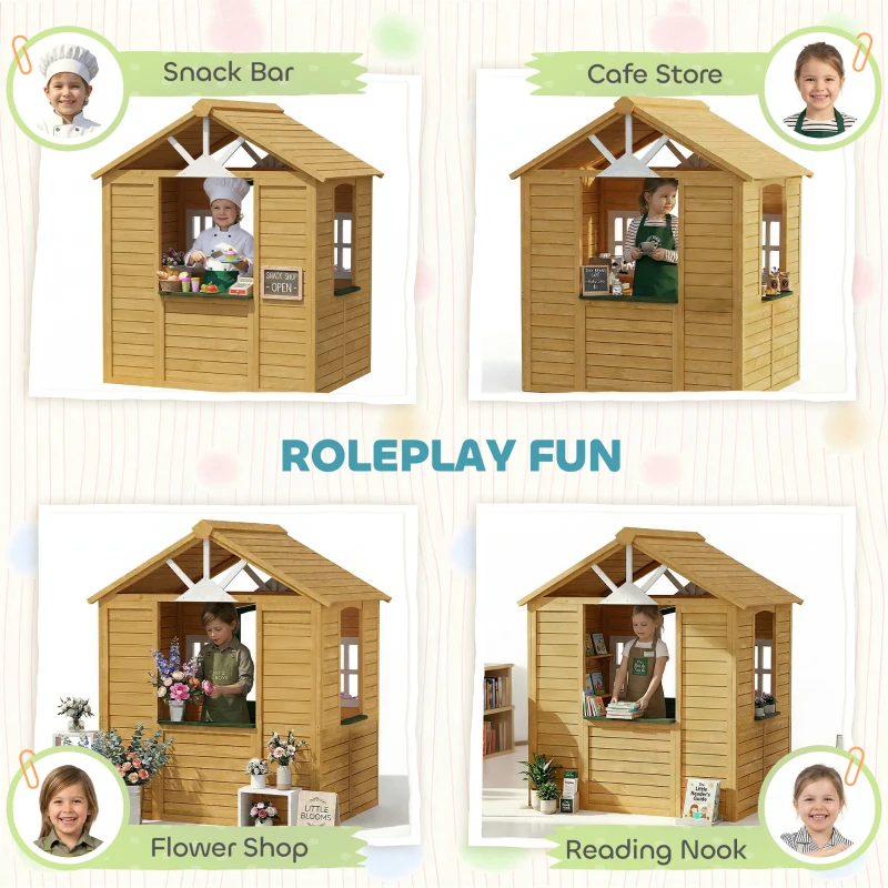 Qaba Outdoor Playhouse, Wooden Kids Playhouse with Door, 3 Windows, 2 Flower Boxes for Garden, Indoor Playroom, Ages 3–8