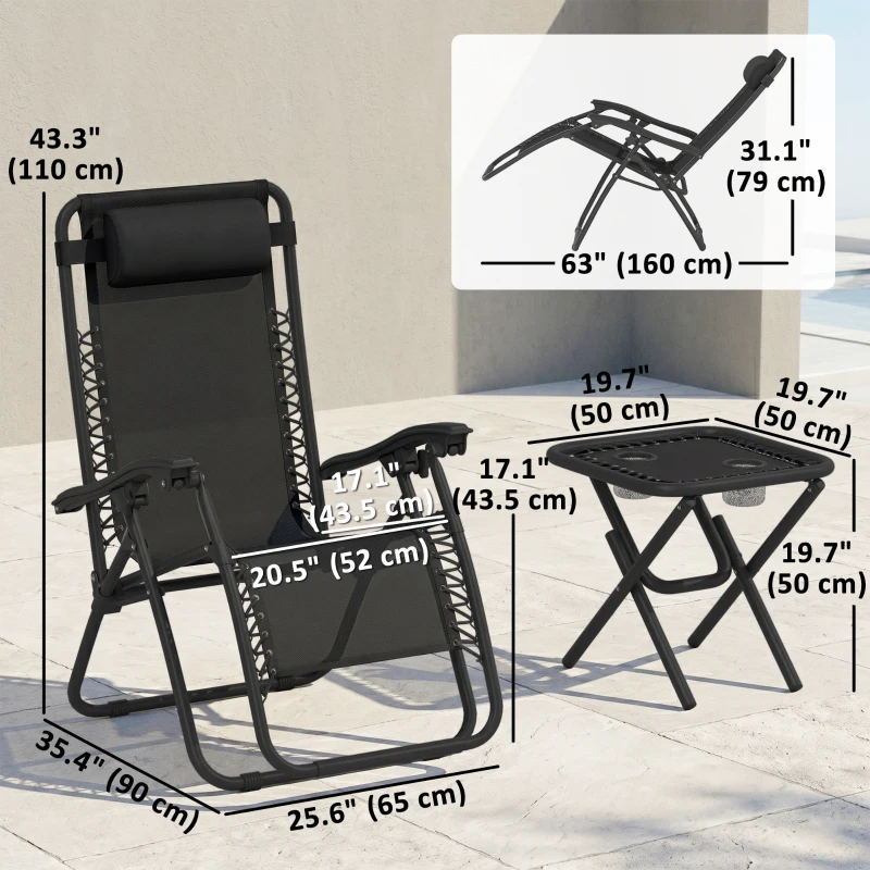 Outsunny Zero Gravity Chair Set of 2 Patio Chair with Side Table Cupholders and Pillows for Pool, Backyard, Lawn, Black