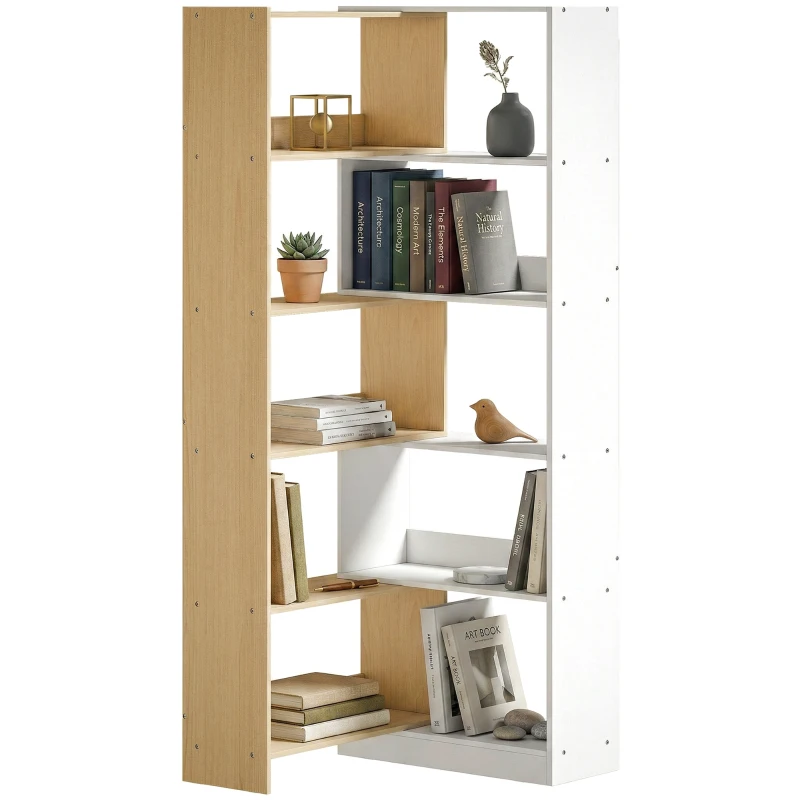 HOMCOM Corner Bookshelf, 5-Tier L-Shaped Bookcase with 350° Rotating Design, Two-Tone Design, Fruitwood/White
