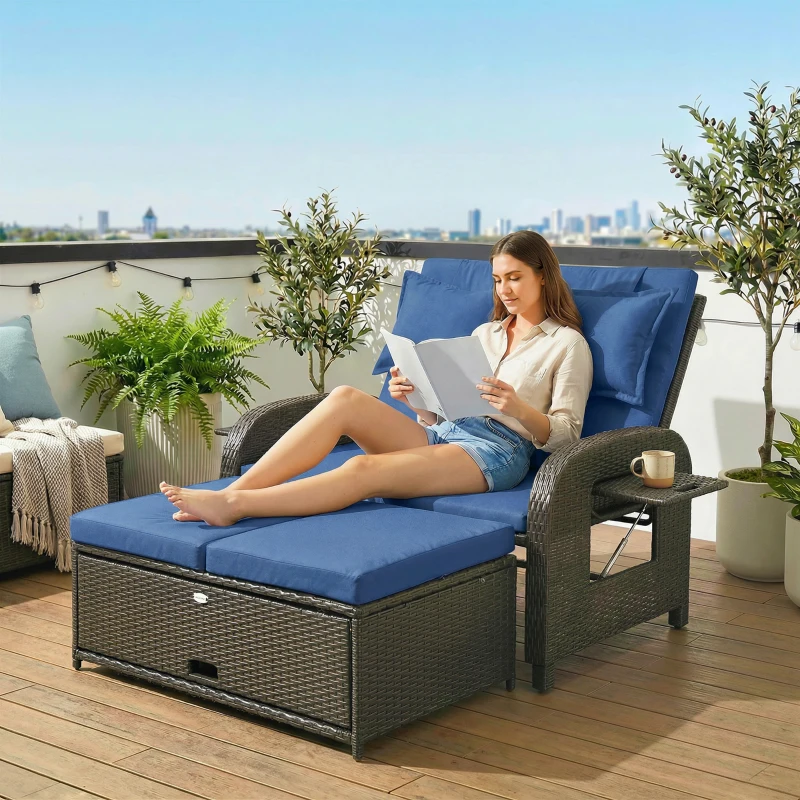 Outsunny Patio Rattan Daybed, Wicker Outdoor Daybed with Storage Ottoman, Loveseat w/ Adjustable Backrest, Side Tables, Navy Blue