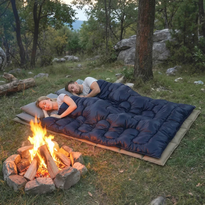 Outsunny Double Sleeping Bag for Adults, Queen Size 2 Person Sleeping Bag with 2 Pillows, for Cold Weather & Warm, Blue