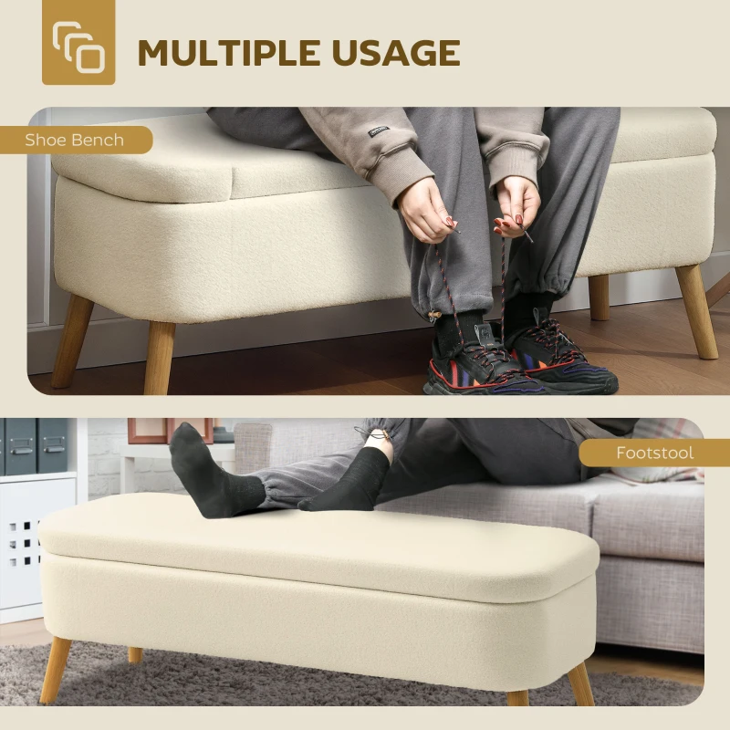 HOMCOM 47 Inches Storage Ottoman Bench, End of Bed Bench, Upholstered Teddy Fleece Storage Chest for Living Room, Beige