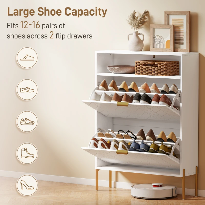 HOMCOM Shoe Cabinet with 2 Flip Drawers, Modern Narrow Shoe Storage Cabinet with Open Compartment, Adjustable Shelves, White