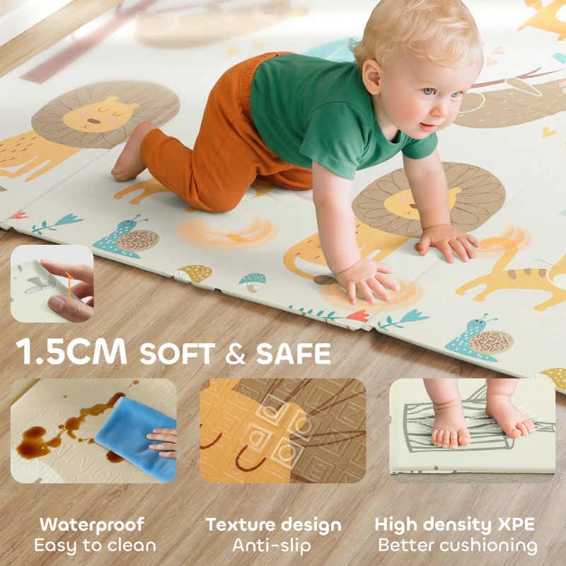 Qaba Double Sided Baby Play Mat, Reversible & Waterproof Foldable Crawling Mat, Animal Theme