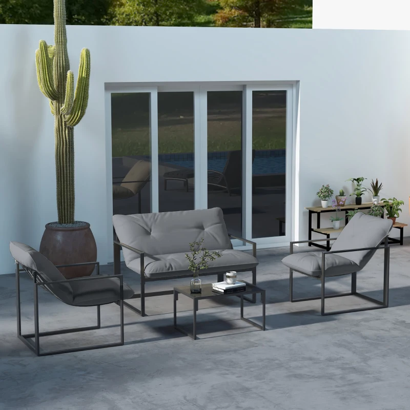 Outsunny 4 Piece Outdoor Furniture Set, Patio Conversation Set with Tempered Glass Table, Loveseat, 2 Chairs and Cushions, Grey