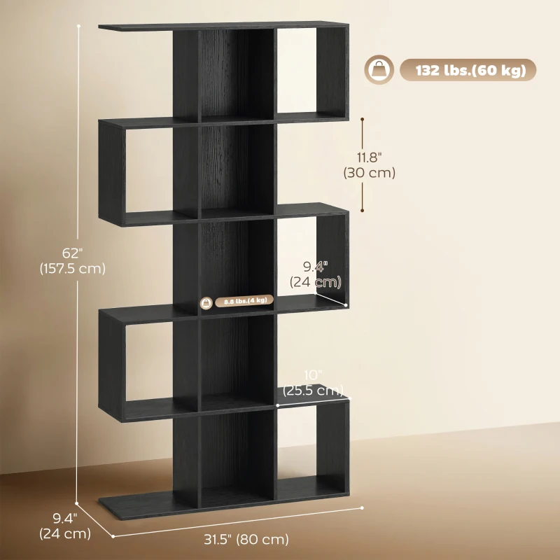 HOMCOM 5-Tier Bookshelf, S Shaped Geometric Bookcase with 15 Compartments, Black Wood Grain