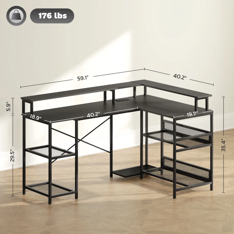HOMCOM 59" L Shaped Desk with Storage, Corner Desk with LED Lights and Power Outlets for Home Office, Small Space, Black