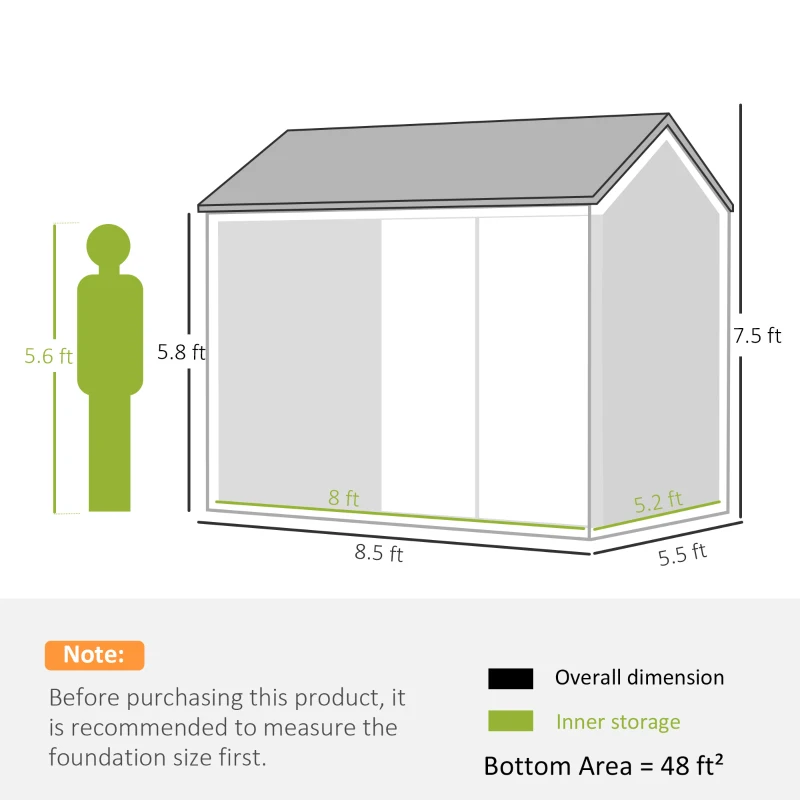 Outsunny 8' x 5.5' Metal Garden Storage Shed, Extra Large Outdoor Tool Storage House w/Lockable Doors, Window, Air Vents, Gray