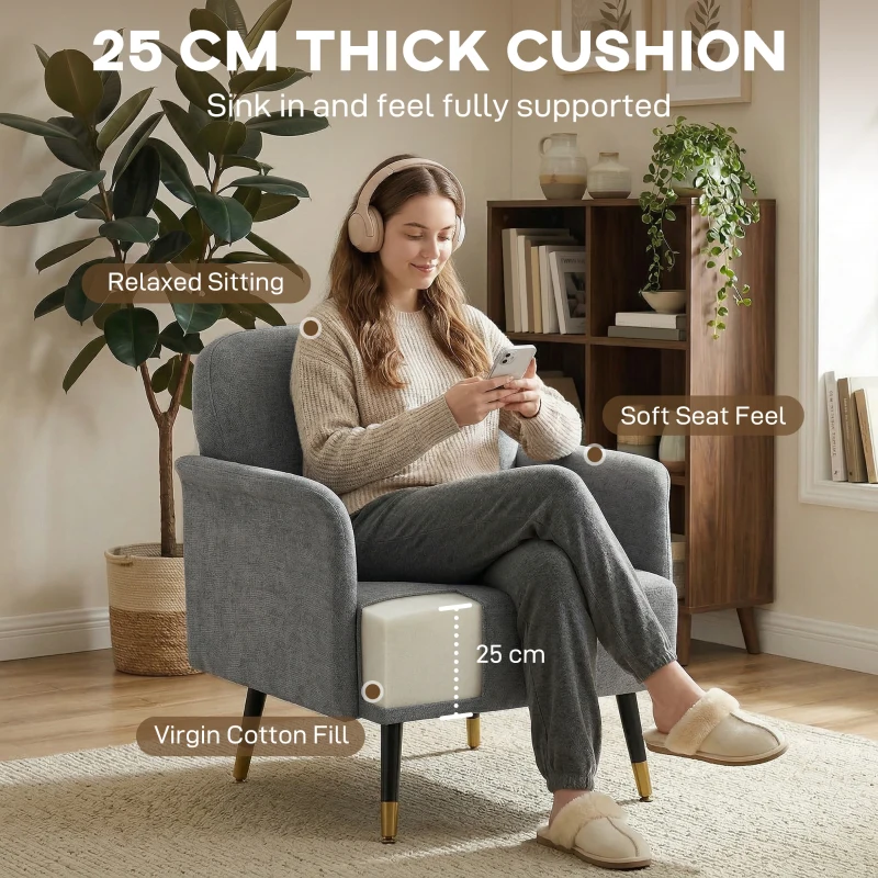 HOMCOM Accent Chair Modern Tufted with Metal Legs Upholstered Reading Armchair for Living Room Grey