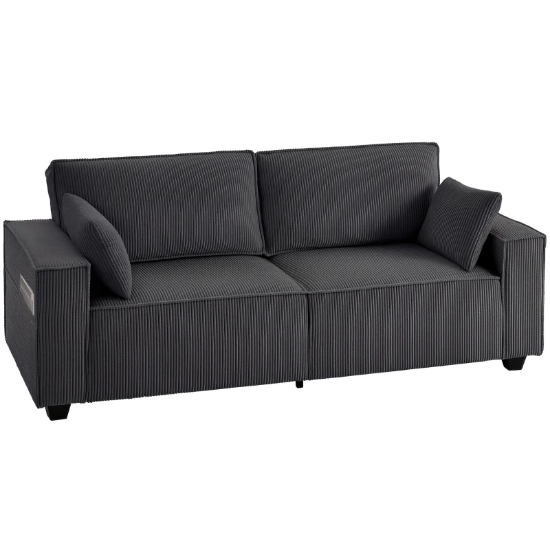 HOMCOM 86" 3 Seater Sofa, Modern Corduroy Upholstered Couch, Dark Grey