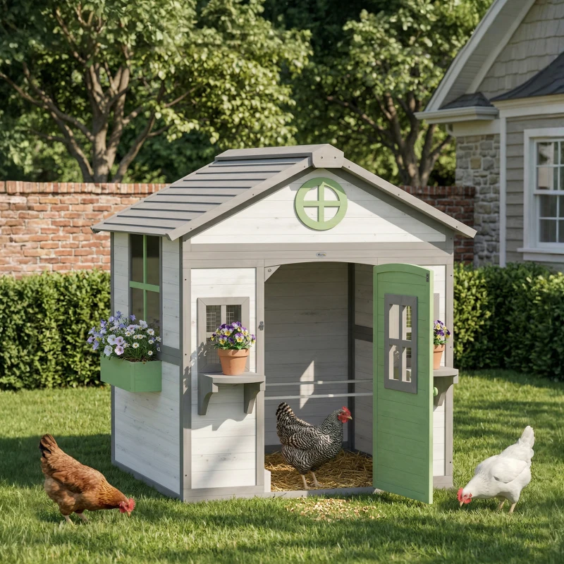 PawHut Chicken Coop, Wooden Hen House Outdoor Playhouse for 2-4 Chickens, Poultry Cage with Planter Pots and Boxes