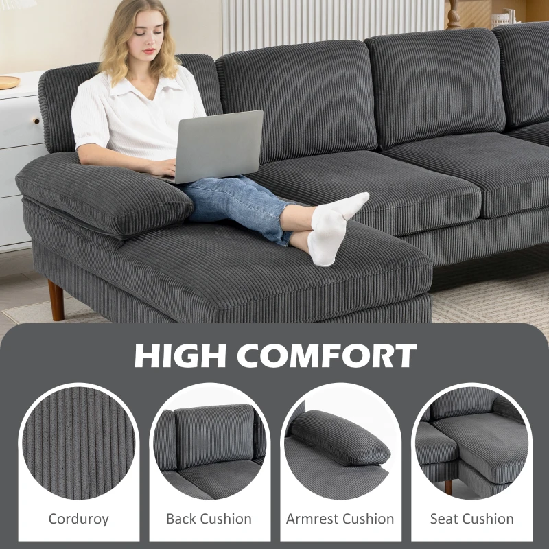 HOMCOM U Shape Couch with Double Chaise Lounge, Modern 4 Seater Sofa with Wooden Legs, Fabric Sofa for Living Room, Dark Grey