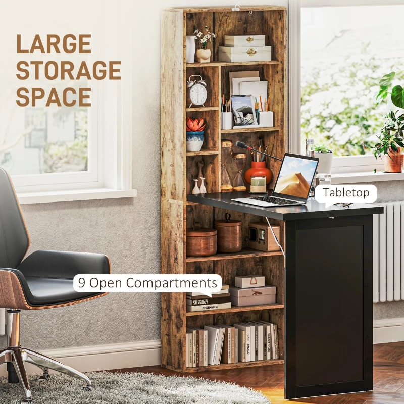 HOMCOM Fold-out Convertible Home Office Desk, Computer Desk with Blackboard and Side Shelf, Rustic Brown