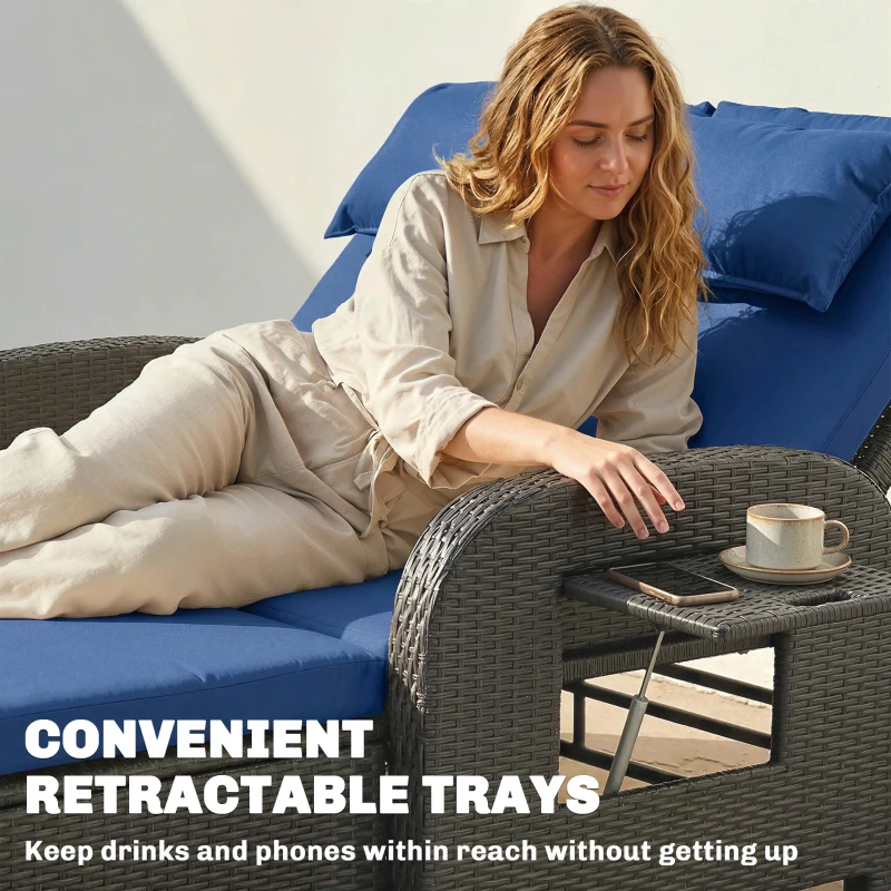 Outsunny Patio Rattan Daybed, Wicker Outdoor Daybed with Storage Ottoman, Loveseat w/ Adjustable Backrest, Side Tables, Navy Blue