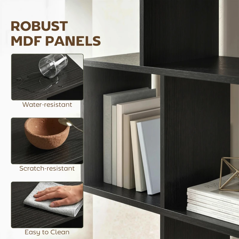 HOMCOM 5-Tier Bookshelf, S Shaped Geometric Bookcase with 15 Compartments, Black Wood Grain