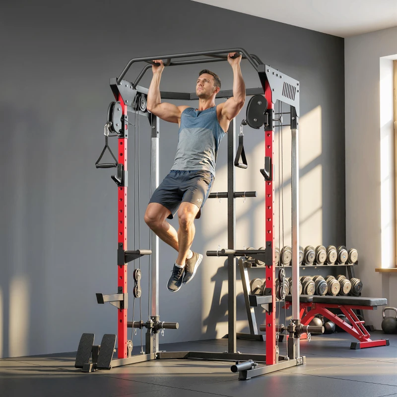 Soozier Power Cage, Power Rack with Adjustable Cable Pulley System, Pull-Up Bar, Dip Station, Landmine