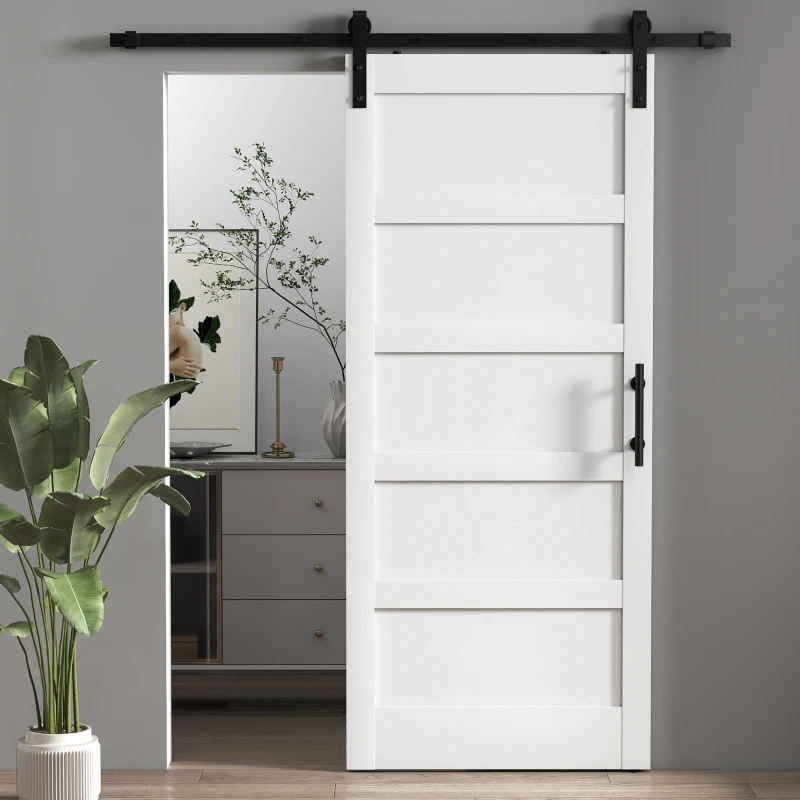 HOMCOM 36"x84" Sliding Barn Door with Hardware Kit, Shaker Style Sliding Door with Handle, Track, Floor Guide, White Wood Grain