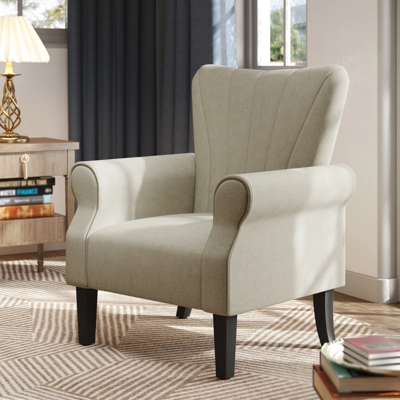 HOMCOM Fabric Armchair, Modern Accent Chair with Wood Legs for Living Room, Bedroom, Home Office, Beige