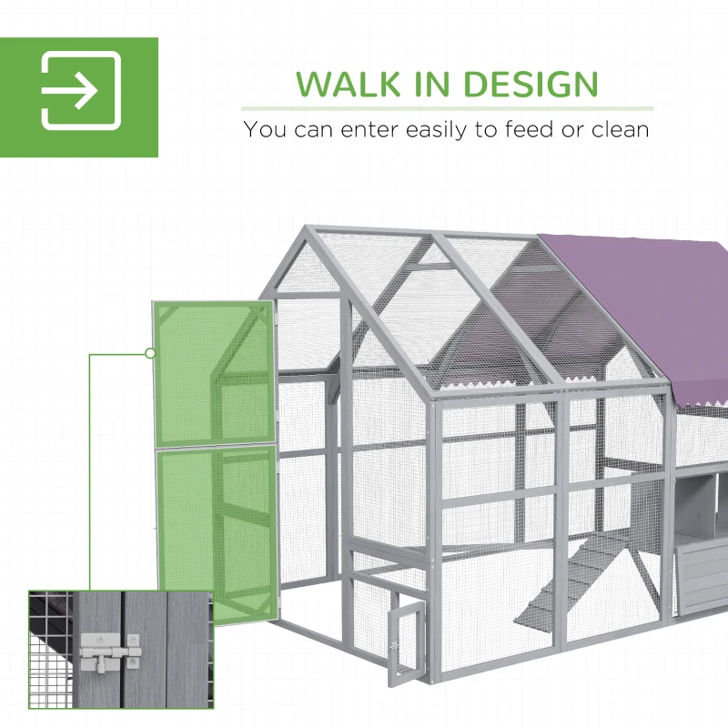 PawHut 9.2' x 6.1' Large Chicken Coop with Nesting Box, Water-Resistant and Anti-UV Cover for 8-12 Chickens, Gray