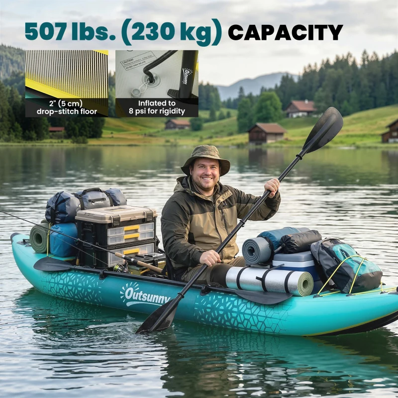 Outsunny 12'6"x37" Inflatable Paddle Board, 506lbs Wide Blow Up Kayak with 2 Aluminum Paddles, Seats and Fins, Yellow and Grey