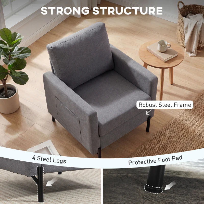 HOMCOM Accent Chair Modern Upholstered Armchair with Side Pockets and Cushion for Bedroom, Living Room, Dark Grey