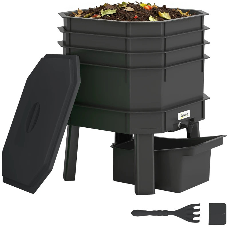 Outsunny 4-Tray Worm Composter Bin, 7.4 Gal Outdoor & Indoor Worm Composter for Recycling Food Waste, Black