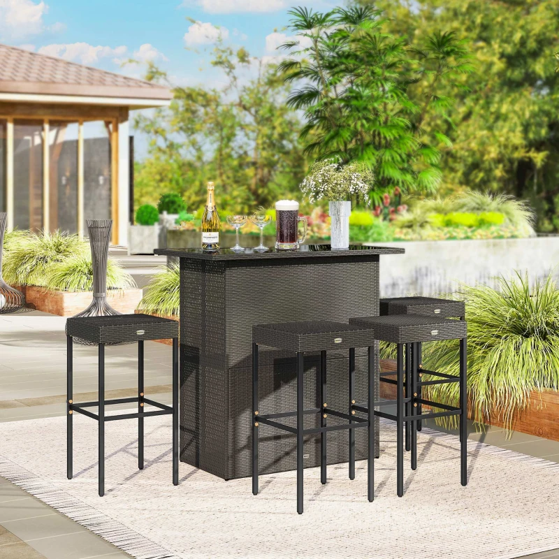 Outsunny 5 Piece Rattan Wicker Bar Set, High Top Outdoor Table and Chairs, Bar Height Patio Set, 2 Shelves & 4 Bar Stools, Brown