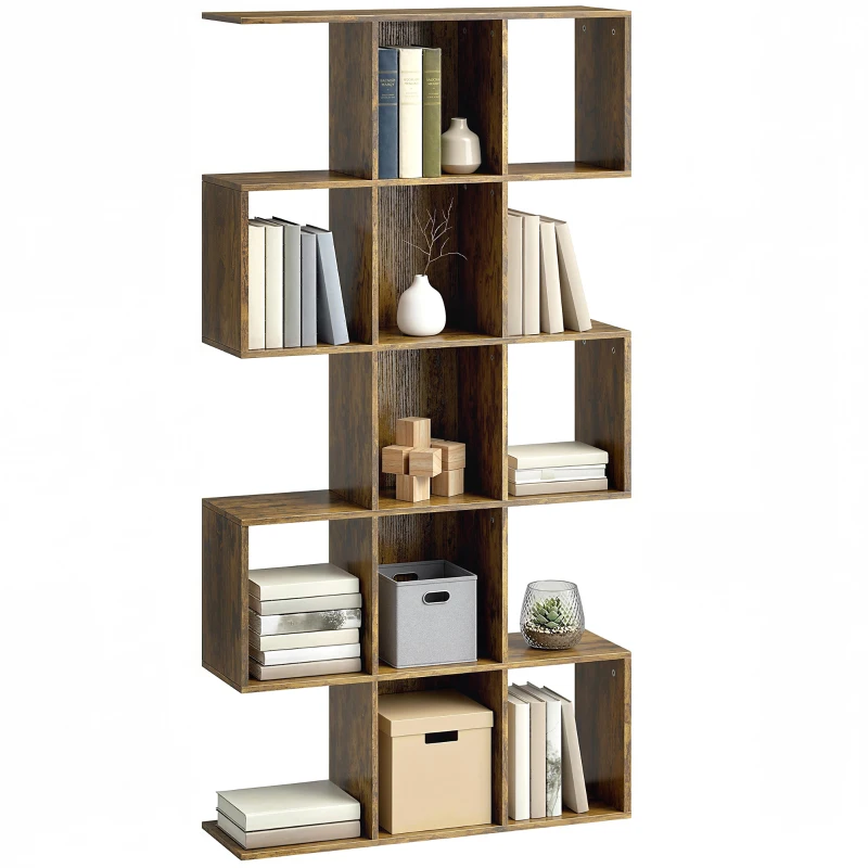 HOMCOM 5-Tier Bookshelf, S Shaped Geometric Bookcase with 15 Compartments, Rustic Brown
